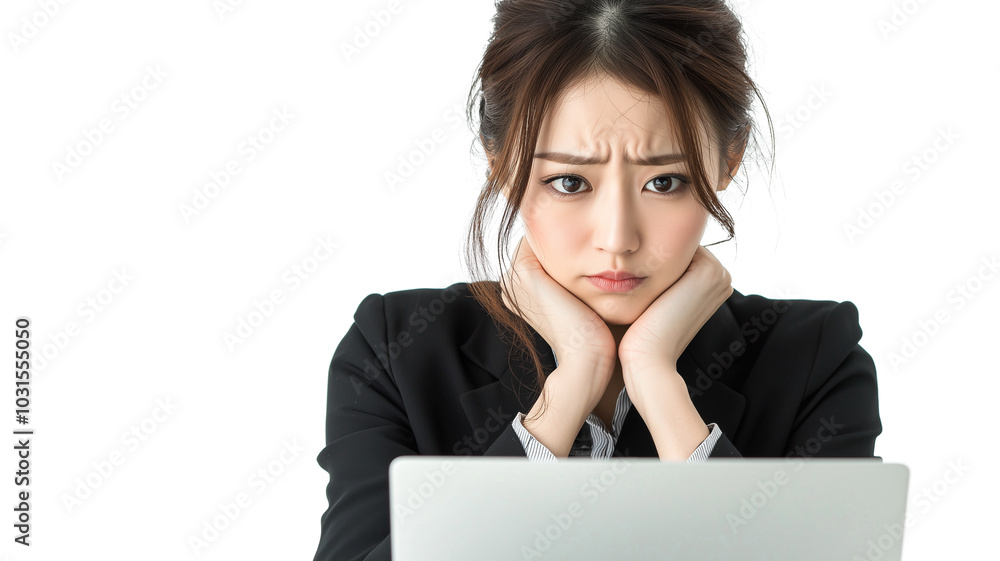 Japanese Businesswoman Looking Sad, Close-Up While Staring at Laptop Screen. Japanese Businesswoman Looking Sad, Close-Up While Staring at Laptop Screen.