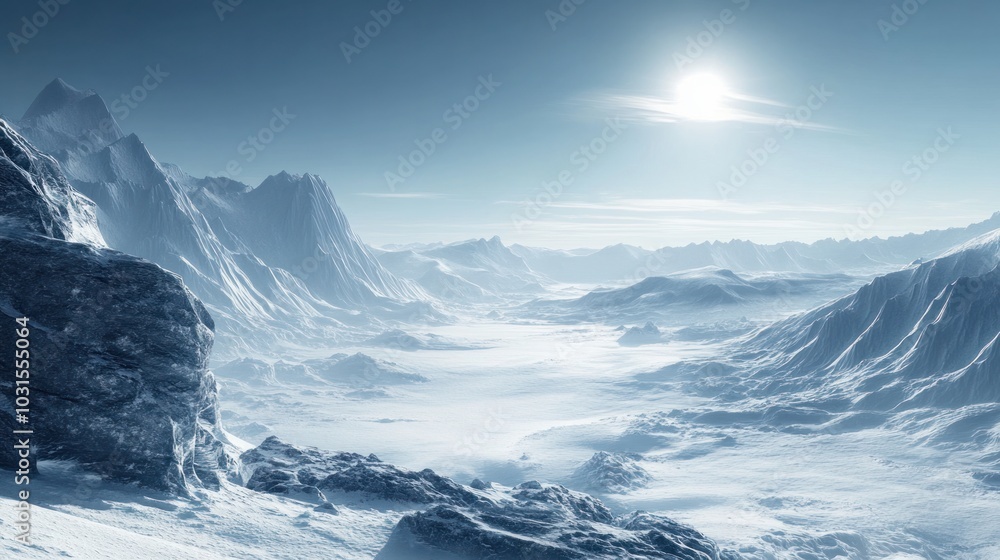 Fototapeta premium Snow-covered mountains glistening under a clear sky, with snowdrifts and icy cliffs creating a dramatic winter landscape