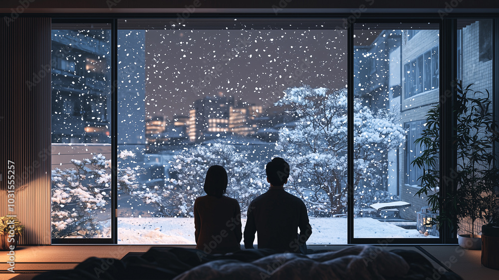 Japanese Couple Gazing at Snowflakes from Their Modern Apartment. Japanese Couple Gazing at Snowflakes from Their Modern Apartment.