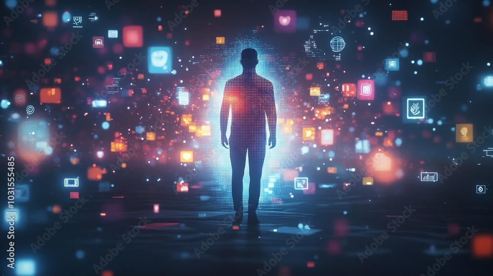An abstract visualization of a human silhouette made up of glowing AI data, surrounded by floating personalized interest icons. An abstract visualization of a human silhouette made up of glowing AI data, surrounded by floating personalized interest icons.