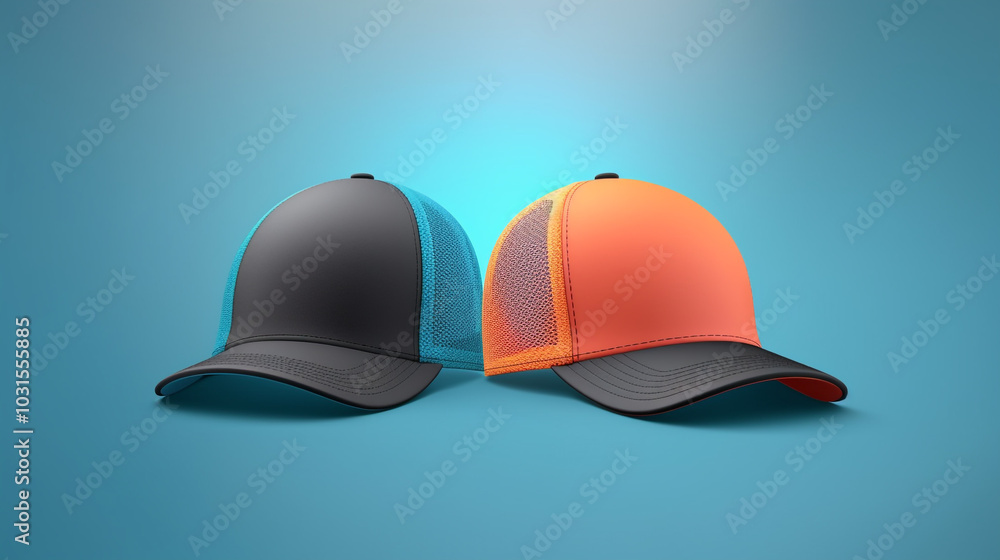 Baseball cap on the blue background Stylish turquoise trucker cap mockup with a mesh back, perfect for showcasing your custom designs. Ideal for fashion, branding, and promotional use Baseball cap on the blue background Stylish turquoise trucker cap mockup with a mesh back, perfect for showcasing your custom designs. Ideal for fashion, branding, and promotional use