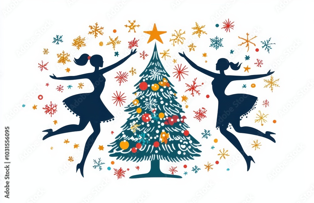 Joyful child skipping around a decorated Christmas tree in a winter wonderland, celebrating the festive holiday season with excitement and cheer, wearing a Santa hat and scarf Joyful child skipping around a decorated Christmas tree in a winter wonderland, celebrating the festive holiday season with excitement and cheer, wearing a Santa hat and scarf