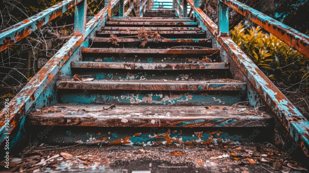 Rusty Stairs in Overgrown Environment Rusty Stairs in Overgrown Environment