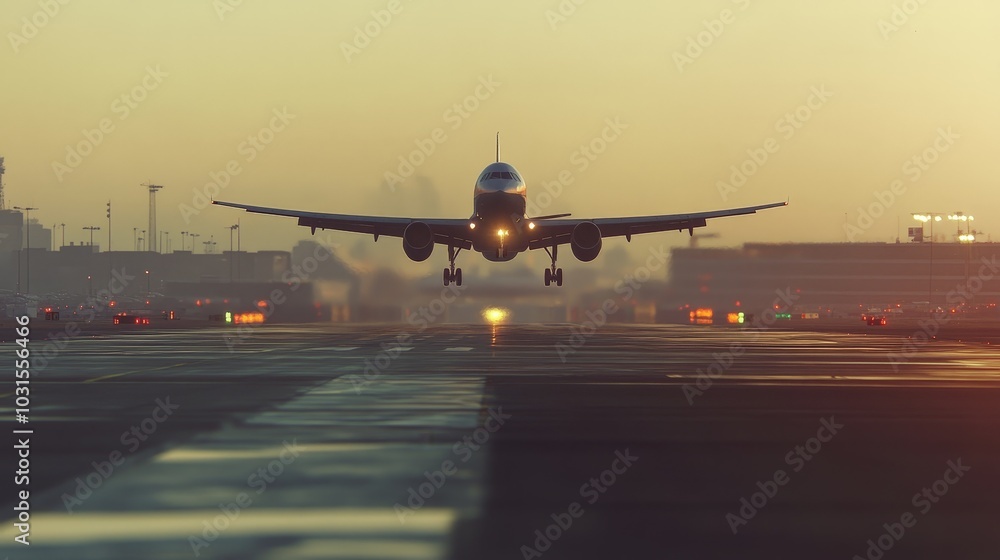 An airplane taking off from an airport, with the wheels just leaving the runway, creating a dynamic feeling of movement, freedom, and the start of a journey. An airplane taking off from an airport, with the wheels just leaving the runway, creating a dynamic feeling of movement, freedom, and the start of a journey.