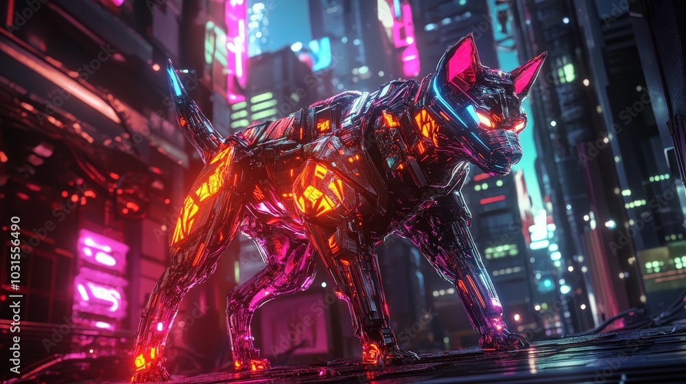 An ultra-detailed, futuristic cybernetic dog, with glowing synthetic materials and flowing geometric patterns, stands in a vibrant futuristic city skyline An ultra-detailed, futuristic cybernetic dog, with glowing synthetic materials and flowing geometric patterns, stands in a vibrant futuristic city skyline