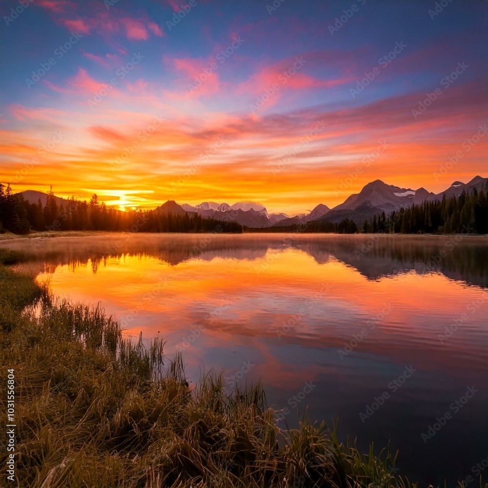 A breathtaking sunrise over a misty mountain range, with vibrant colors of orange and pink, soft clouds, and a serene lake reflecting the sky A breathtaking sunrise over a misty mountain range, with vibrant colors of orange and pink, soft clouds, and a serene lake reflecting the sky