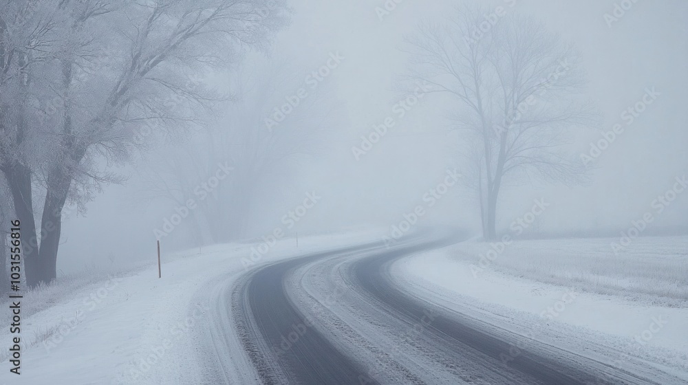 Obraz premium Thick winter fog combining with snow flurries to create near-zero visibility on a country road