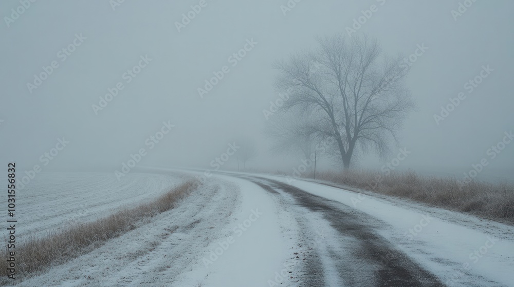 Obraz premium Thick winter fog combining with snow flurries to create near-zero visibility on a country road
