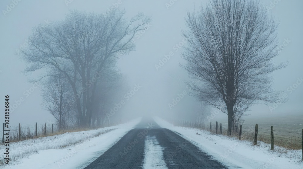 Thick winter fog combining with snow flurries to create near-zero visibility on a country road Thick winter fog combining with snow flurries to create near-zero visibility on a country road