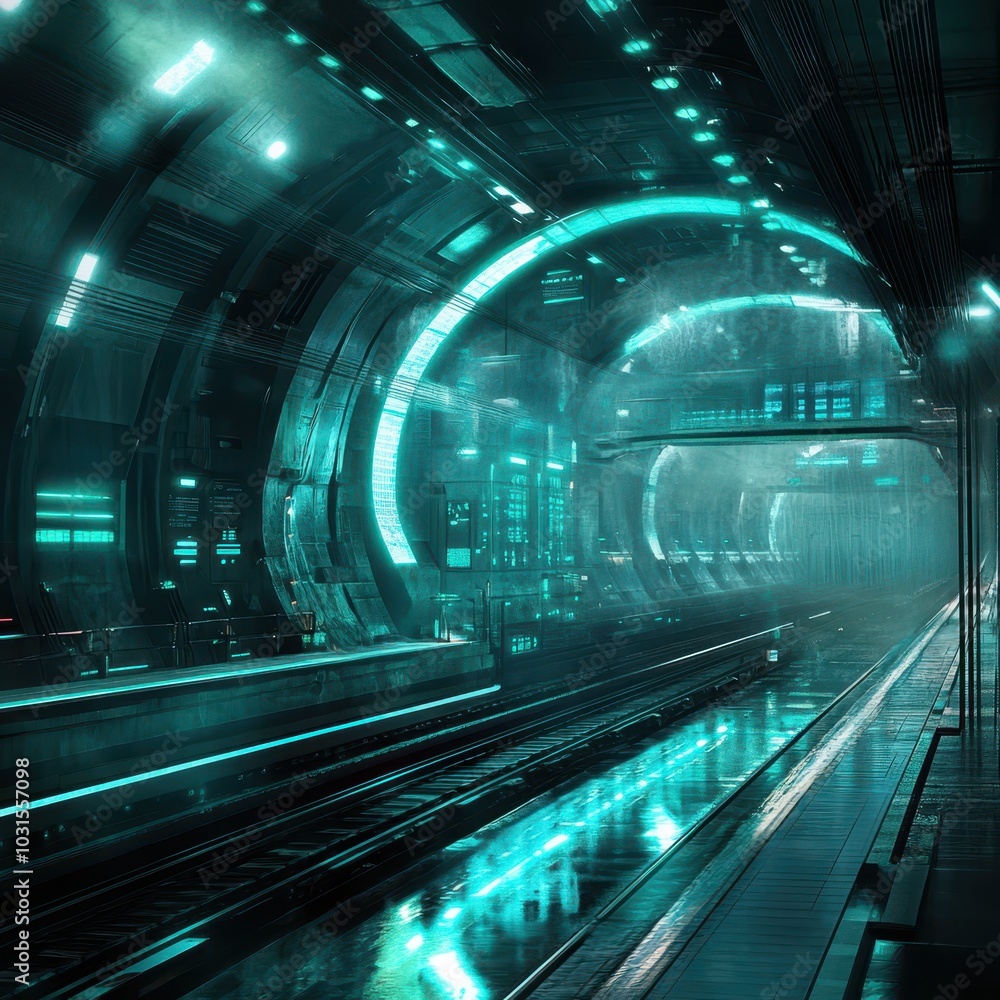 Futuristic Subway Station with Glowing Tracks Futuristic Subway Station with Glowing Tracks