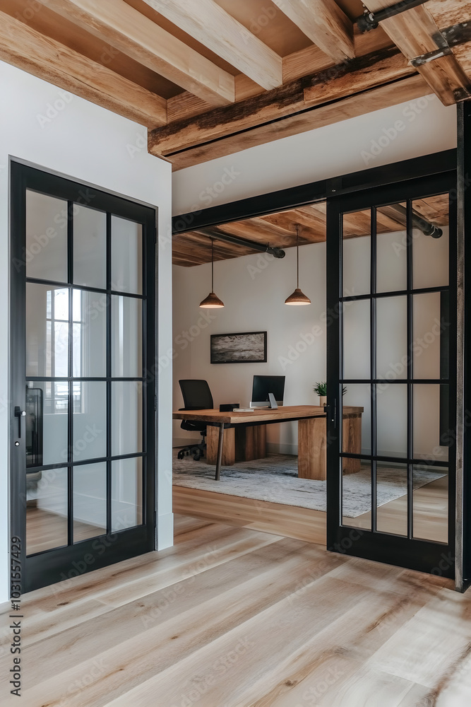Fototapeta premium Modern Office Entrance with Reclaimed Timber Beams and Natural Light