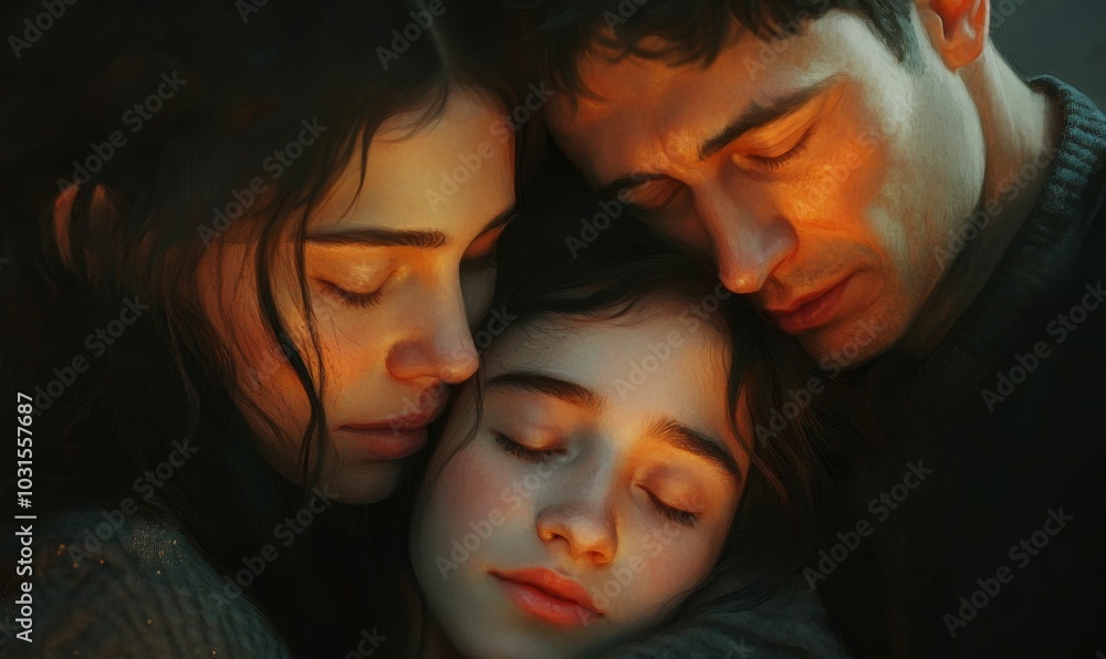 Three people huddle together, eyes closed. Three people huddle together, eyes closed.