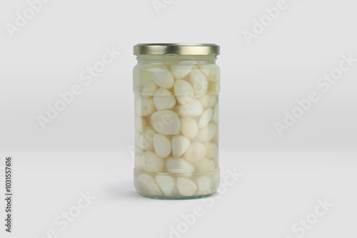 garlic pickle jar mockup, jar of pickled vegetables preserved, canned greens, marinated greens, isolated on white background. jar of pickled garlic