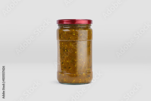 pickle jar mockup, jar of pickled vegetables preserved, canned greens, marinated greens, isolated on white background.