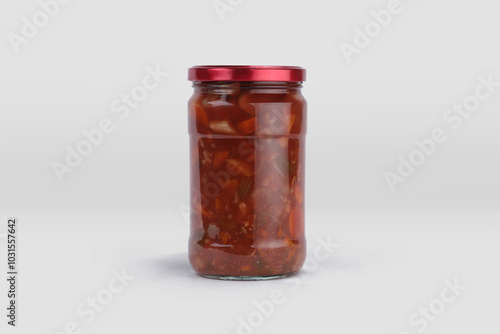 pickle jar mockup, jar of pickled vegetables preserved, canned greens, marinated greens, isolated on white background.