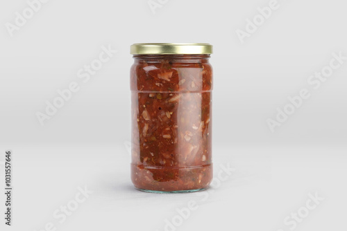 pickle jar mockup, jar of pickled vegetables preserved, canned greens, marinated greens, isolated on white background.
