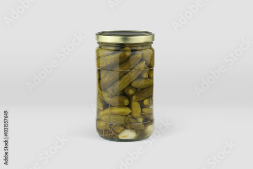 cucumber pickle jar mockup, jar of pickled vegetables preserved, canned greens, marinated greens, isolated on white background. jar of pickled cucumber