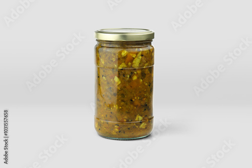 pickle jar mockup, jar of pickled vegetables preserved, canned greens, marinated greens, isolated on white background.