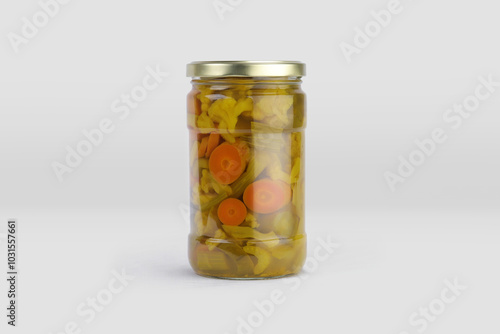 pickle jar mockup, jar of pickled vegetables preserved, canned greens, marinated greens, isolated on white background.