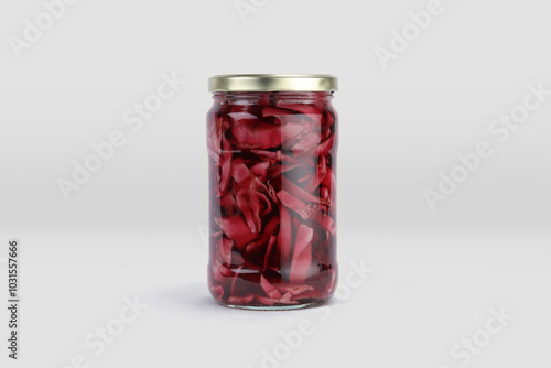 red cabbage pickle jar mockup, jar of pickled vegetables preserved, canned greens, marinated greens, isolated on white background. jar of pickled red cabbages