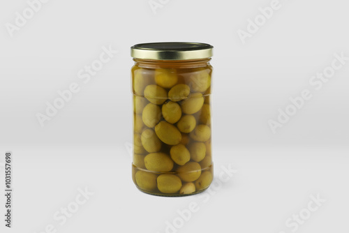 olive pickle jar mockup, jar of pickled vegetables preserved, canned greens, marinated greens, isolated on white background. jar of pickled olives.