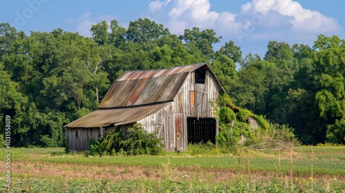 Abandoned Barn Surrounded by Lush Vegetation