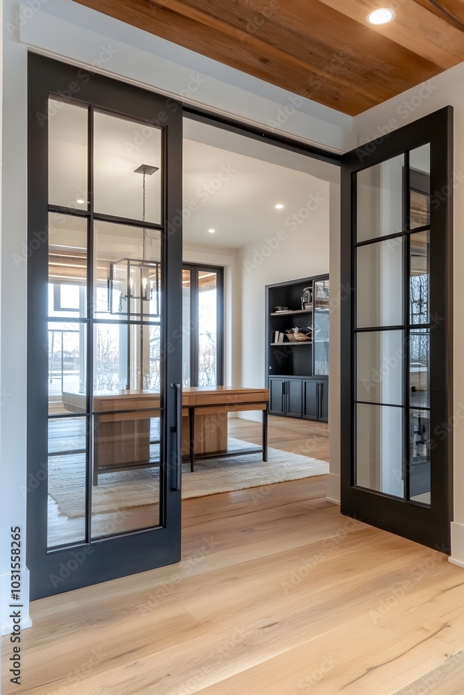 Fototapeta premium Modern Office Entrance with Wood Floors Glass Walls and Timber Ceiling Beams