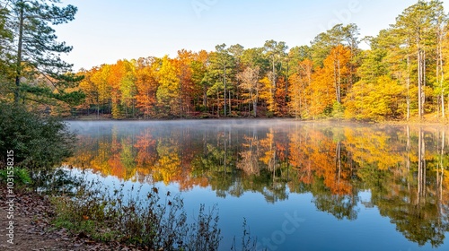 Serene lake surrounded by autumn foliage reflections.