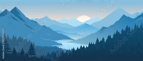 Blue Mountain Landscape with Forest and Lake