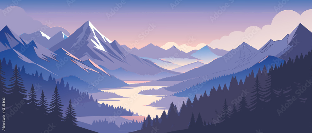 Obraz premium Serene Mountain Landscape with Pink Sky and Lake