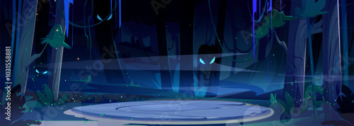 Spooky haunted forest night landscape with round stone platform and fog, Wood trunks and scary ghost faces with glow eyes. Mystery gothic nightmare game ui battle arena. Fantasy creepy misty woodland.