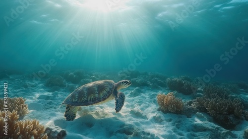 A sea turtle swims through a sunlit coral reef.