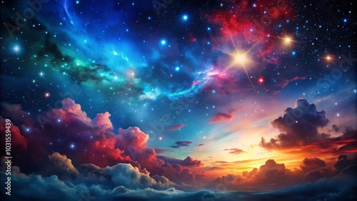 Stunning Cosmic Dreamscape with Blue, Purple, and Red Stars in Night Sky, Ultra Detailed Light Effects, Atmospheric Clouds, and Rich Color Palette for Background