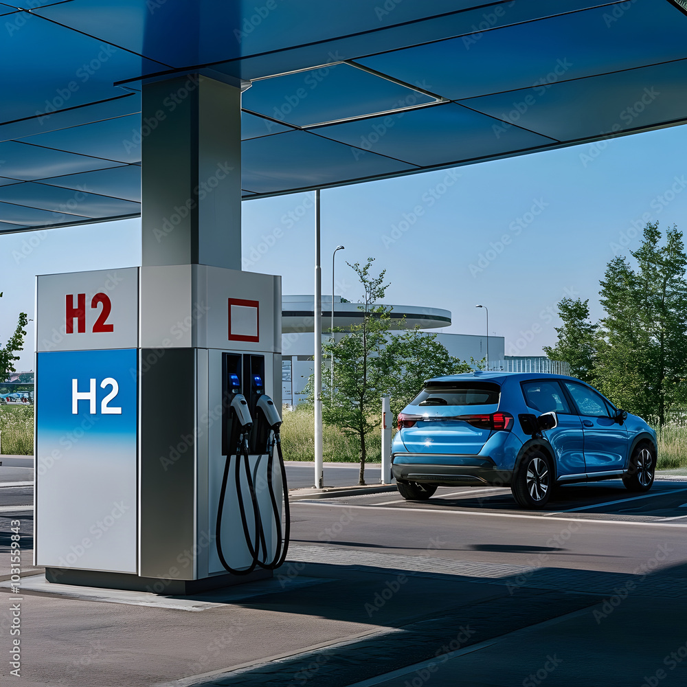 Fototapeta premium Hydrogen Filling Station for Electric Vehicles Under Blue Bavarian Sky