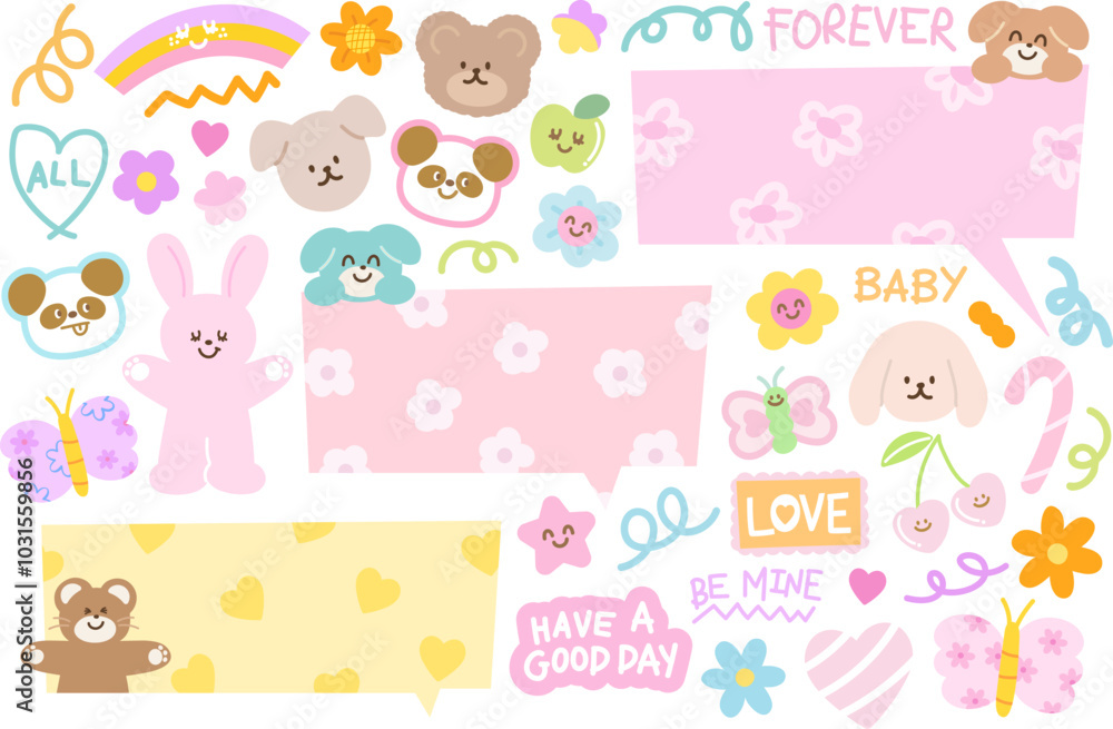 Little cute illustrations of panda, teddy bear, puppy, bunny, butterfly, flowers, heart, candy cane, fruits, text bubbles for cartoon, dialogue, animals, zoo, souvenir, pet shop, vet, floral print Little cute illustrations of panda, teddy bear, puppy, bunny, butterfly, flowers, heart, candy cane, fruits, text bubbles for cartoon, dialogue, animals, zoo, souvenir, pet shop, vet, floral print