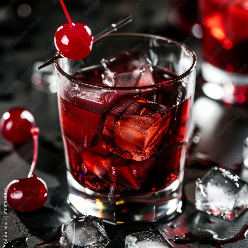 A glass of red drink with ice cubes and a cherry A glass of red drink with ice cubes and a cherry