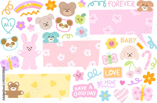 Little cute illustrations of panda, teddy bear, puppy, bunny, butterfly, flowers, heart, candy cane, fruits, text bubbles for cartoon, dialogue, animals, zoo, souvenir, pet shop, vet, floral print