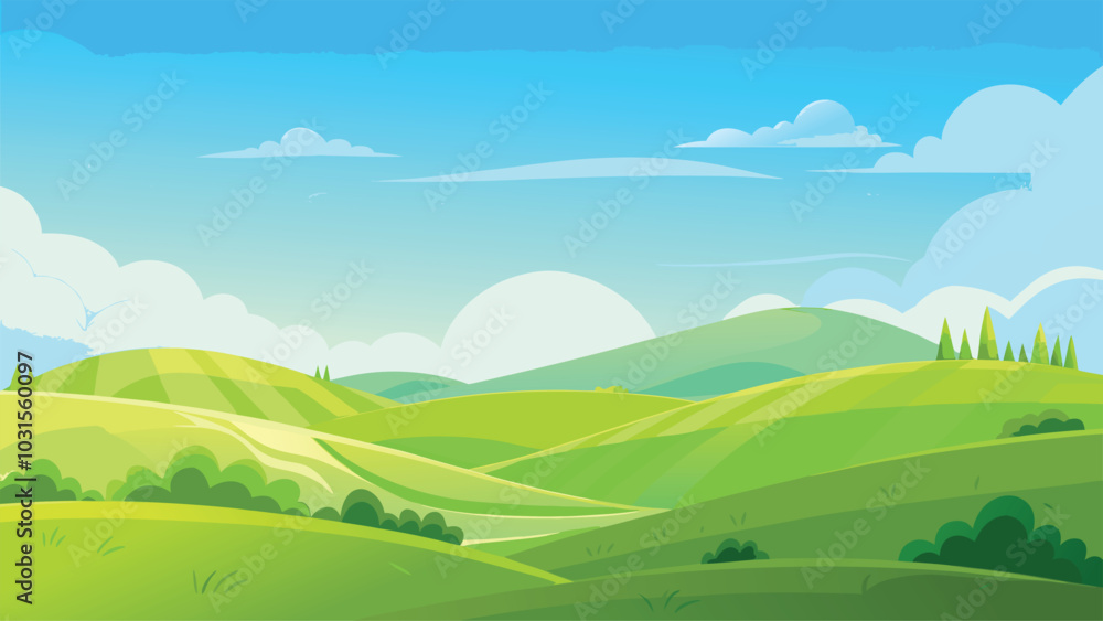 Rolling Green Hills Under Blue Sky Landscape Rolling Green Hills Under Blue Sky Landscape