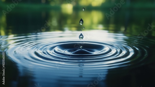 A single water drop creates concentric ripples on a still pond surface with a blurred green background.