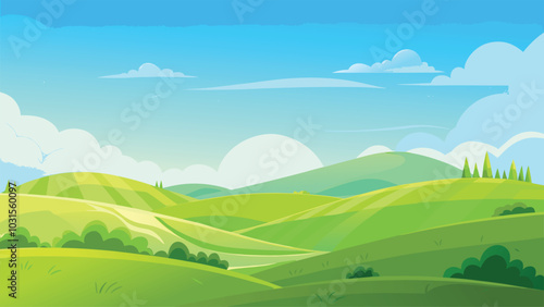 Rolling Green Hills Under Blue Sky Landscape