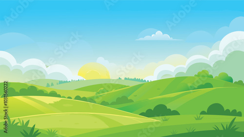 Sunrise Over Rolling Green Hills Landscape