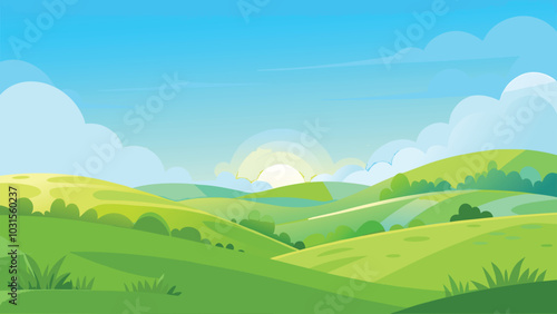 Rolling Green Hills Under Sunny Sky Landscape