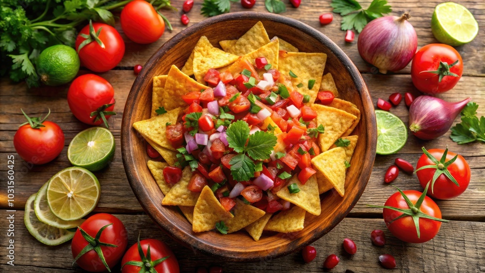 Aerial View of Crispy Corn Tortilla Chips with Vibrant Tomato Salsa for a Delicious Snack Experience Aerial View of Crispy Corn Tortilla Chips with Vibrant Tomato Salsa for a Delicious Snack Experience