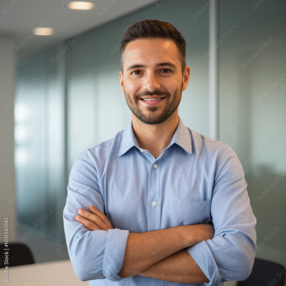 Medium Close-Up of Male Supervisor Standing by Wall with Conference Room Design Diagram – Professional Portrait, Arms Crossed, Blurred Background, Canon Camera Medium Close-Up of Male Supervisor Standing by Wall with Conference Room Design Diagram – Professional Portrait, Arms Crossed, Blurred Background, Canon Camera