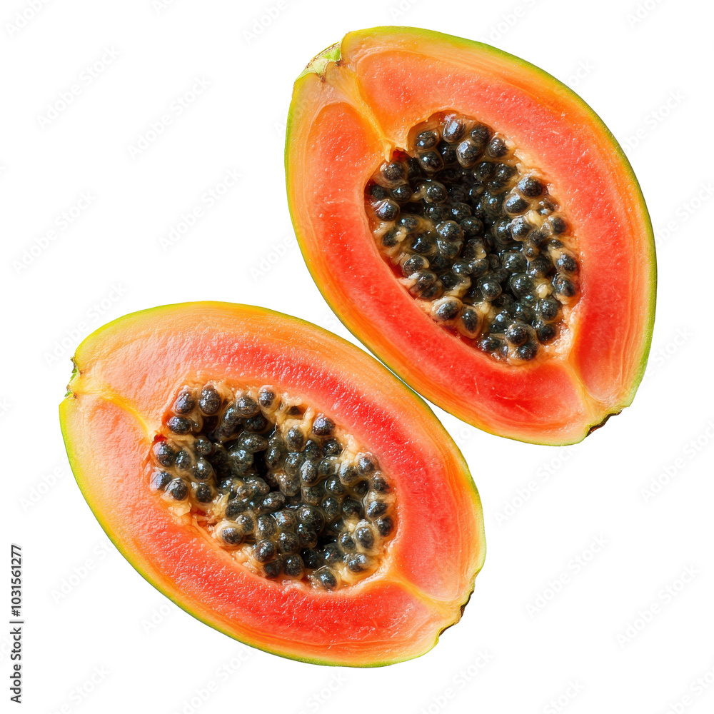 Two halves of a papaya on a black background. Two halves of a papaya on a black background.