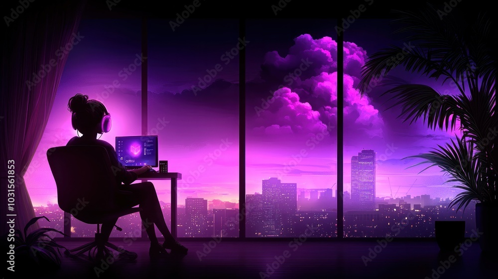 A serene silhouette of a person working on a laptop against a vibrant, purple city backdrop, ideal for tech or relaxation themes. A serene silhouette of a person working on a laptop against a vibrant, purple city backdrop, ideal for tech or relaxation themes.