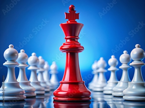 Red Chess Queen Dominates Among White Pawns on Blue Background, Symbolizing Strategy and Competition in the Game of