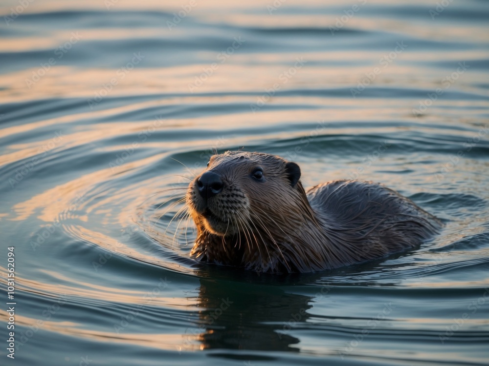 Serene Beaver Emerging from Water at Dusk with Soft Light and Ripples. Serene Beaver Emerging from Water at Dusk with Soft Light and Ripples.