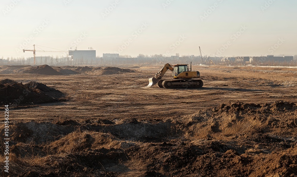 Obraz premium Excavator on construction site with dirt mounds.
