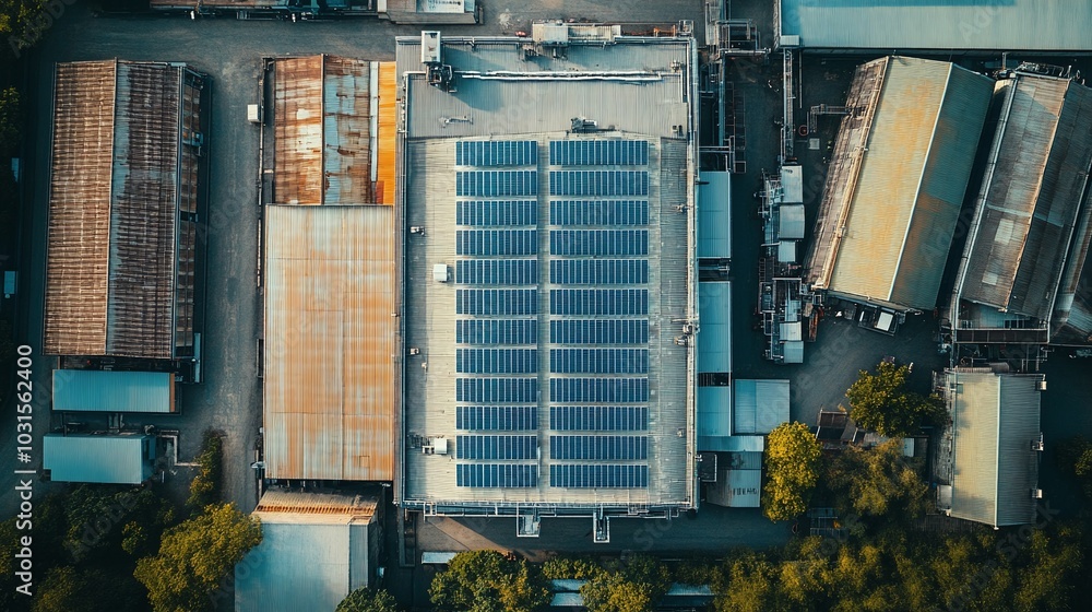 Aerial View of Solar Panels on Factory Roof Aerial View of Solar Panels on Factory Roof